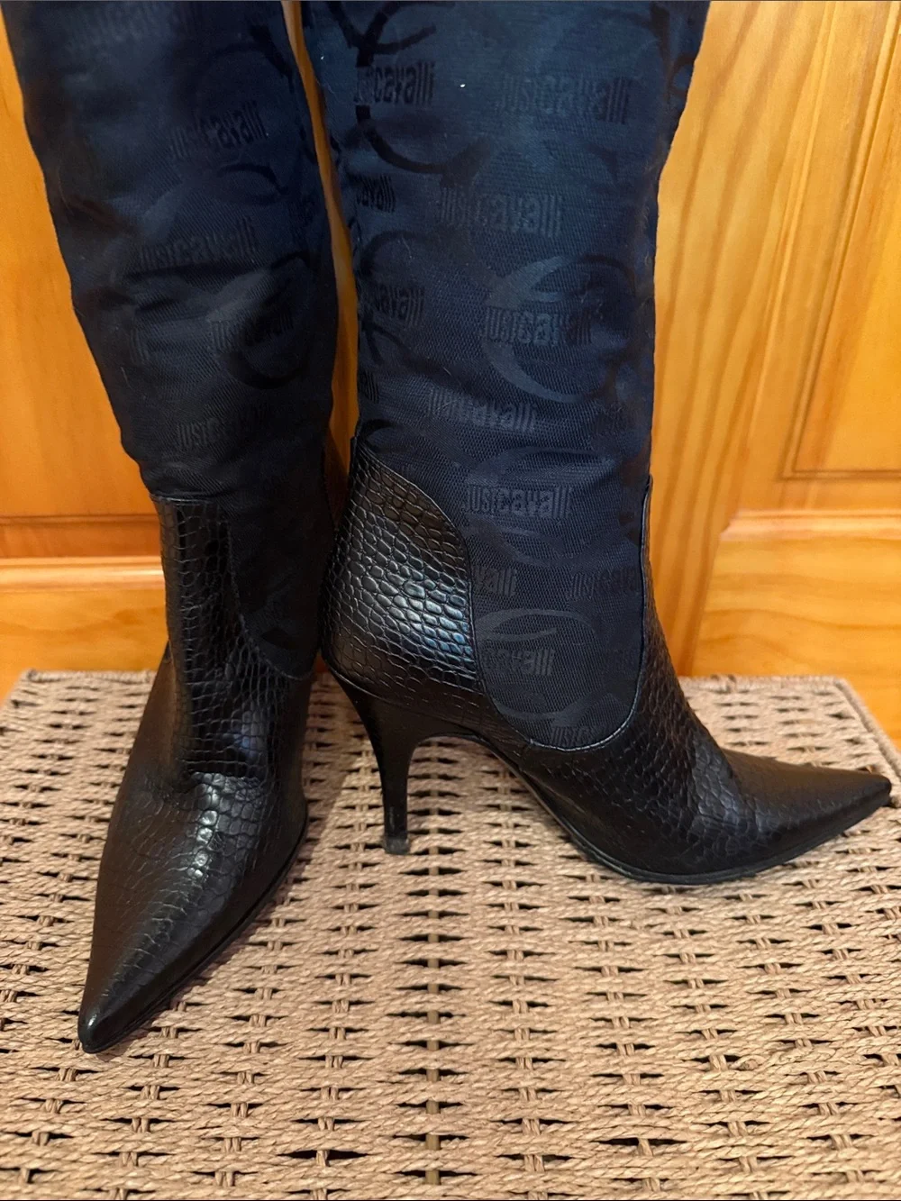 Just Cavalli Black Faux-Croc Stiletto Boots